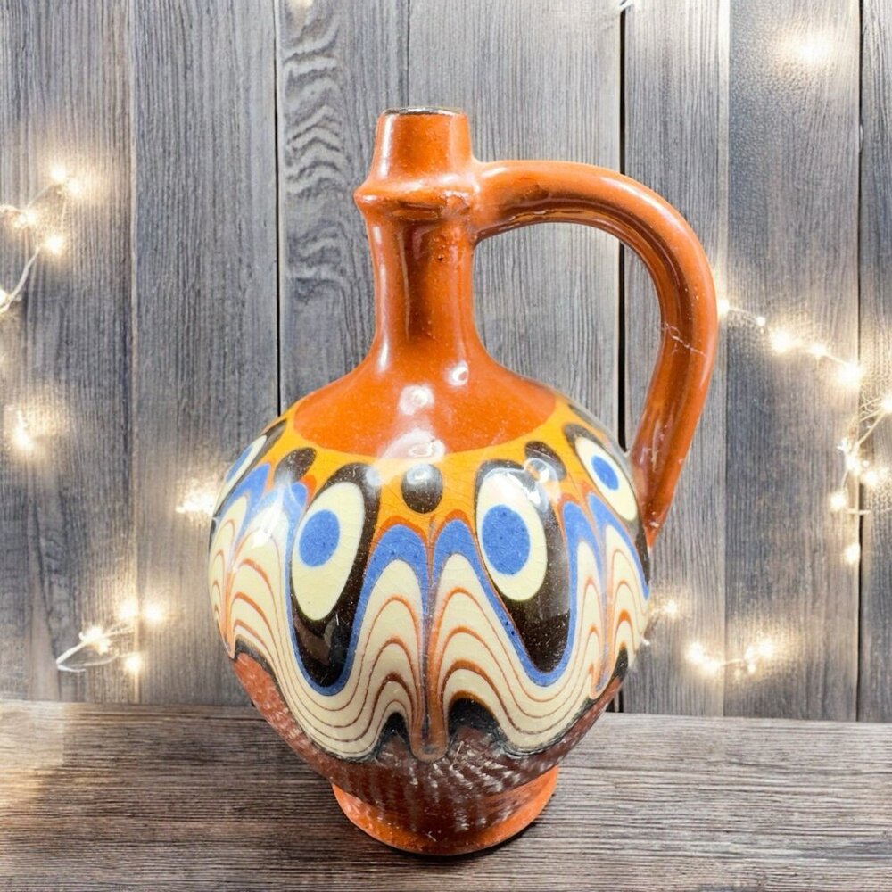 Laura Foreign Redware Art Miniature Jug Pitcher Pull Down Feather Hand‎ Made VTG